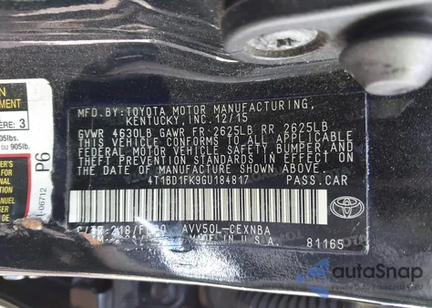 2016 Toyota Camry Hybrid Le z USA, uszkodzony, nr VIN 4T1BD1FK9GU184817